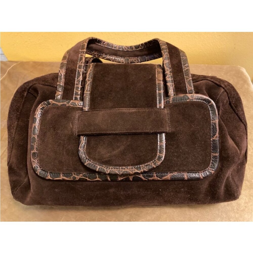 Nine West chocolate brown suede bag with croc embossed leather trim, flap close